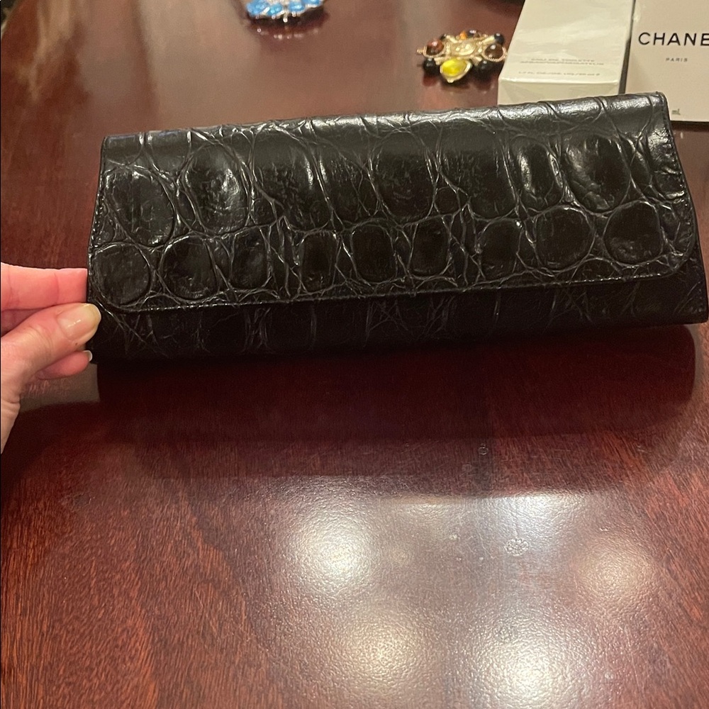 Black Embossed Croc Leather Clutch